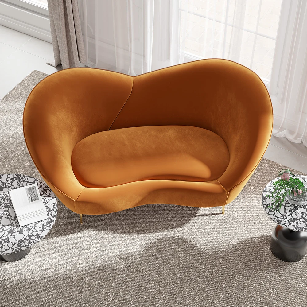 White and Orange Small 2-Seater Velvet Sofa with Curve Back - Image 8
