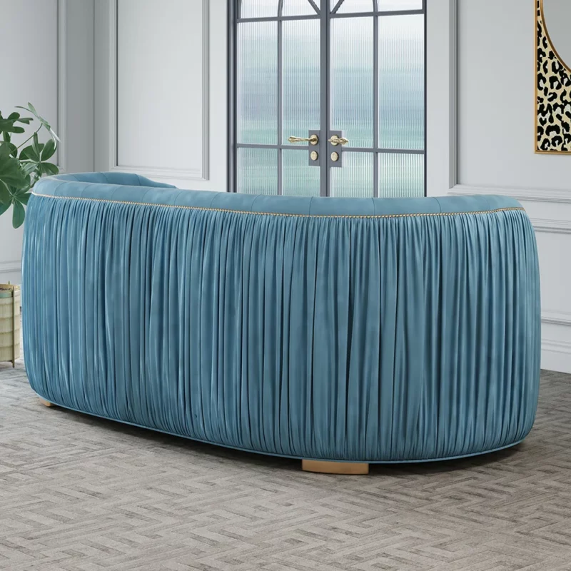 Modern Blue Curved Upholstered Tufted Velvet 3-Seater Sofa