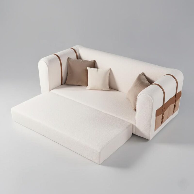 Modern White 3-Seater Convertible Boucle Sofa Upholstered with Side Storage 87"