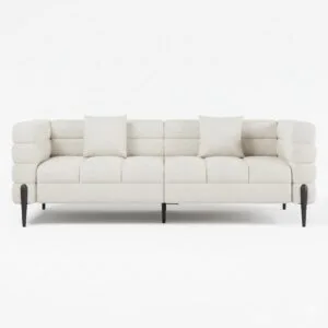 3-seater White Boucle Fluted Sofa with Pillows & Black Legs