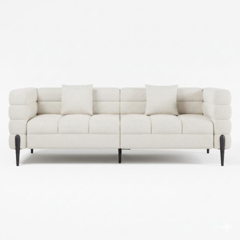 3-seater White Boucle Fluted Sofa with Pillows & Black Legs