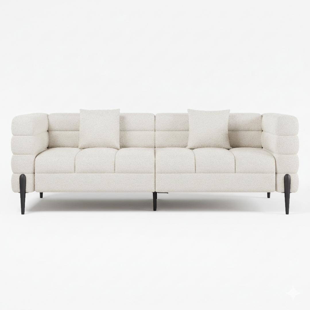 3-seater White Boucle Fluted Sofa with Pillows & Black Legs - Image 1