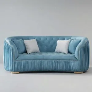 Modern Blue Curved Upholstered Tufted Velvet 3-Seater Sofa