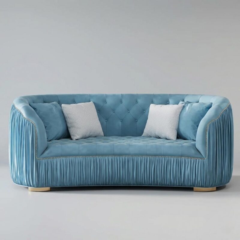 Modern Blue Curved Upholstered Tufted Velvet 3-Seater Sofa
