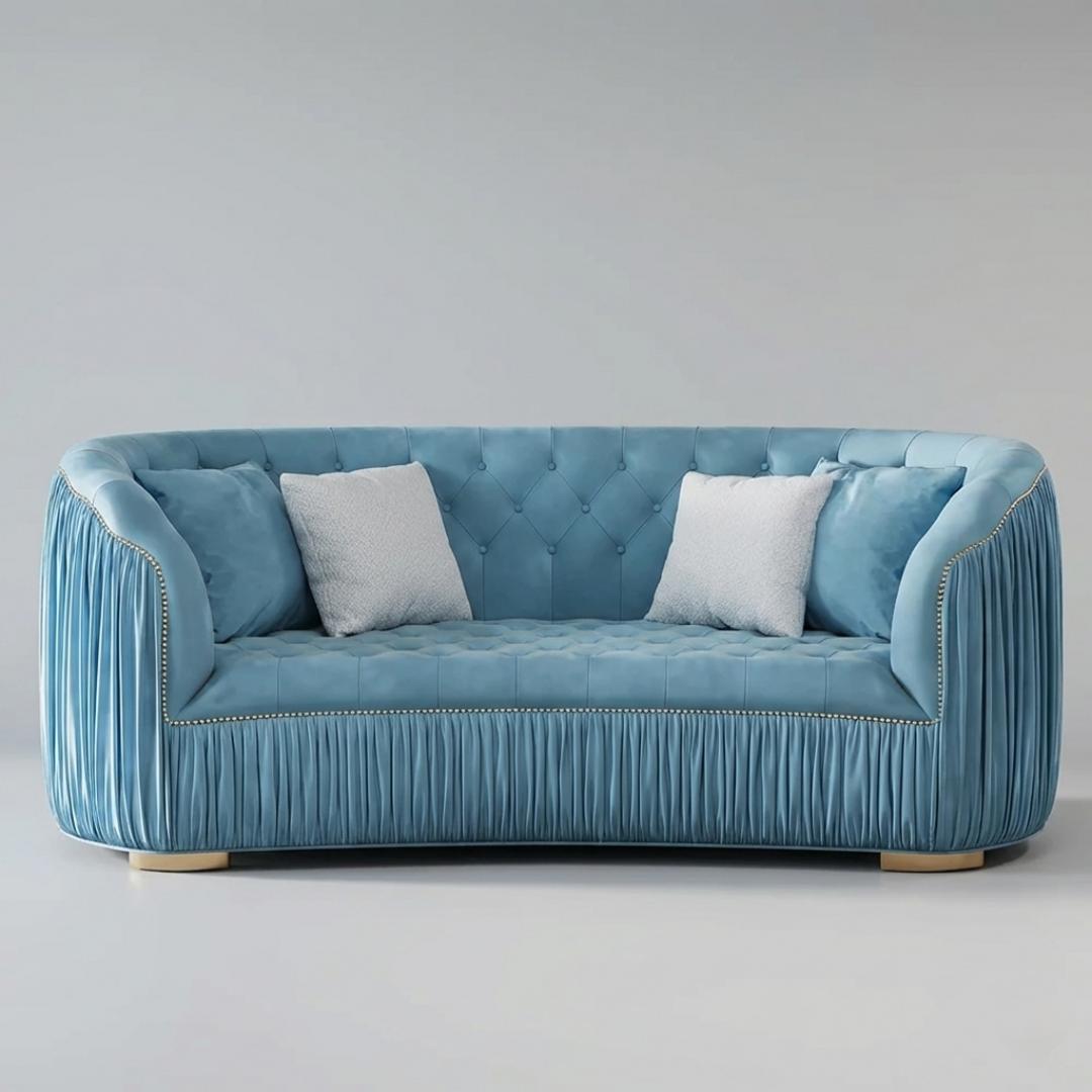 Modern Blue Curved Upholstered Tufted Velvet 3-Seater Sofa - Image 1