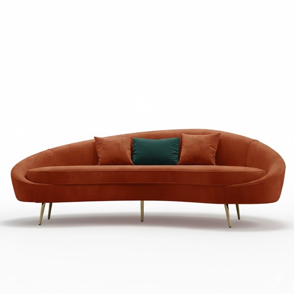 Modern Rust brown Velvet Curved Sofa 3-Seater Sofa with Toss Pillow - Image 1