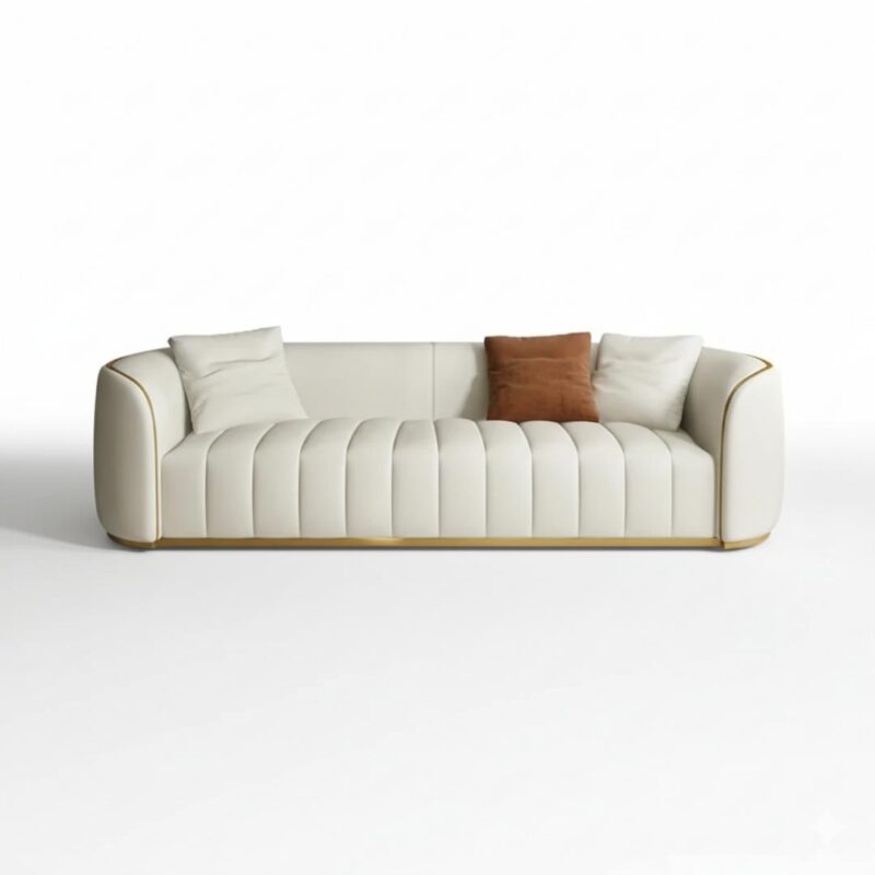 Modern Faux Leather Upholstered curved 3-Seater Sofa with Gold Legs