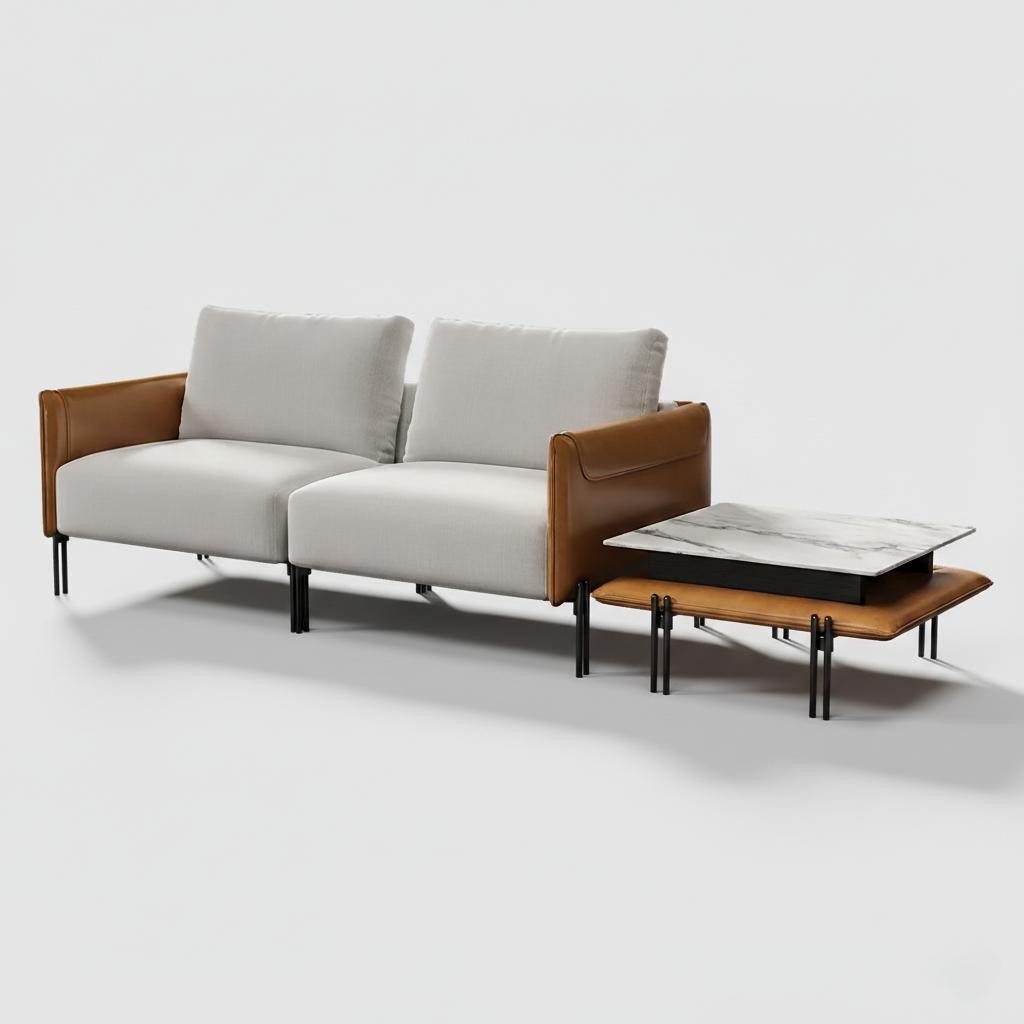 Modular Upholstered 2-Seater Linen Sofa with Coffee Table Stainless Steel Frame 95.3" - Image 1