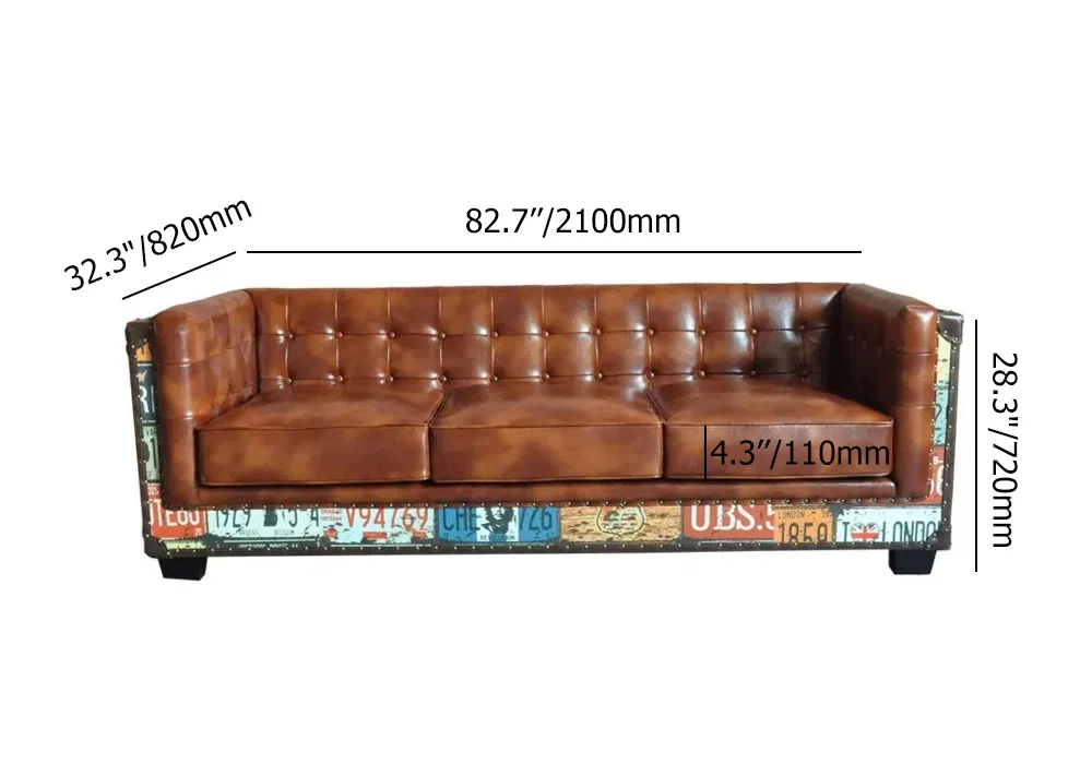 Vintage Industrial Loft 3-Seater Tufted Brown Faux Leather Sofa Upholstered - Image 5