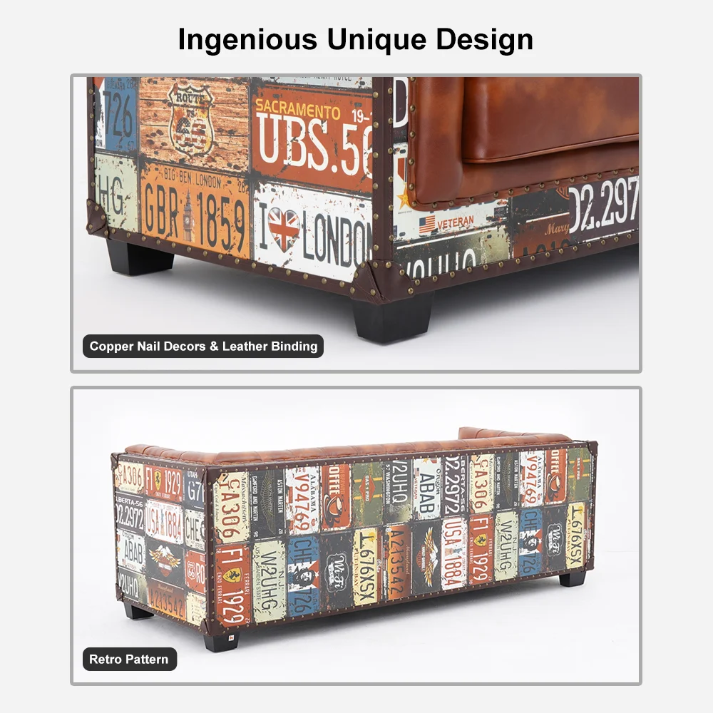 Vintage Industrial Loft 3-Seater Tufted Brown Faux Leather Sofa Upholstered - Image 7