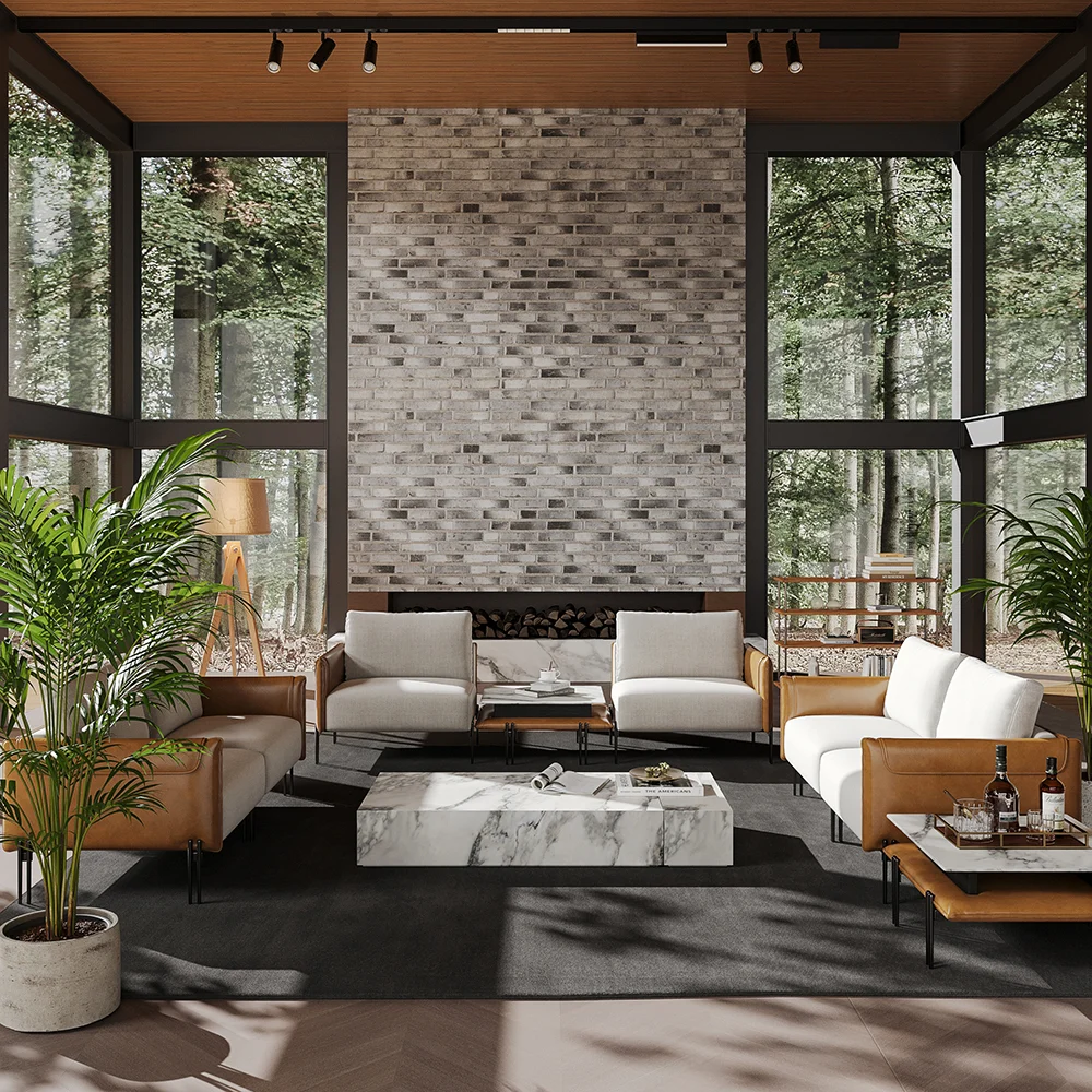 Modular Upholstered 2-Seater Linen Sofa with Coffee Table Stainless Steel Frame 95.3" - Image 3