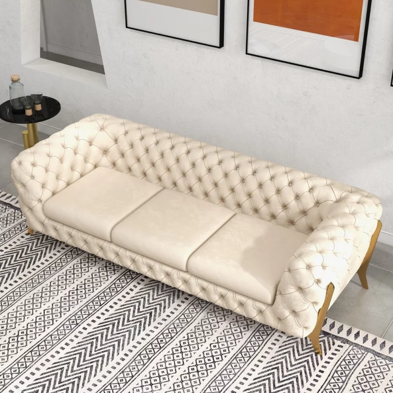 Modern Beige Tufted Velvet Chesterfield Sofa 3-Seater Button  91"