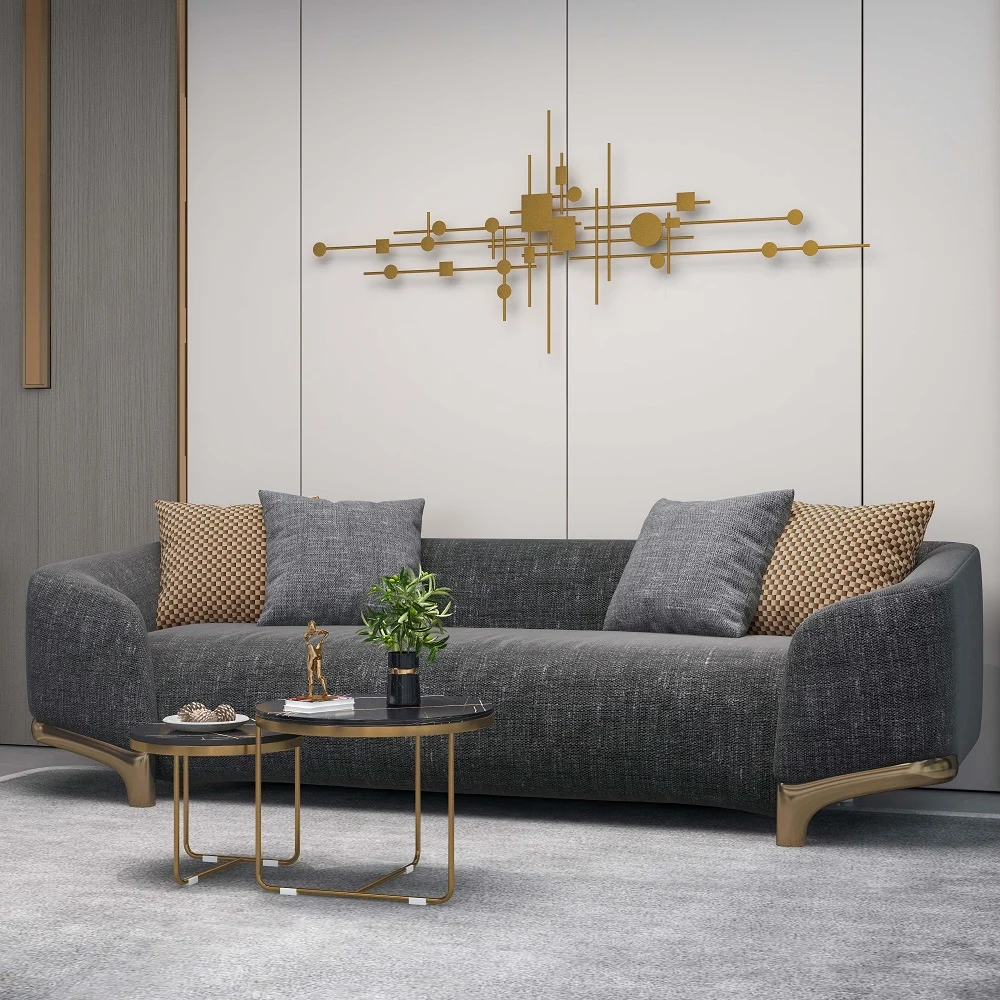 Cotton & Linen Upholstered Sofa 3-Seat with Gold Legs, Pillows included - Image 7