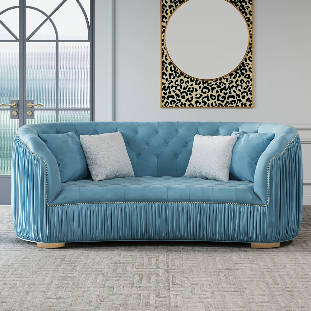 Modern Blue Curved Upholstered Tufted Velvet 3-Seater Sofa - Image 4
