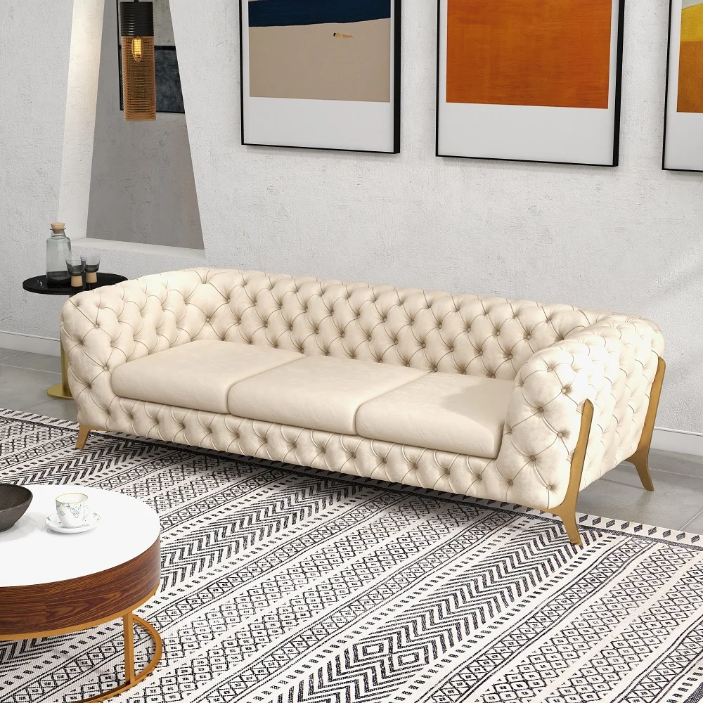 Modern Beige Tufted Velvet Chesterfield Sofa 3-Seater Button  91" - Image 4