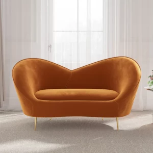 White and Orange Small 2-Seater Velvet Sofa with Curve Back - Image 7