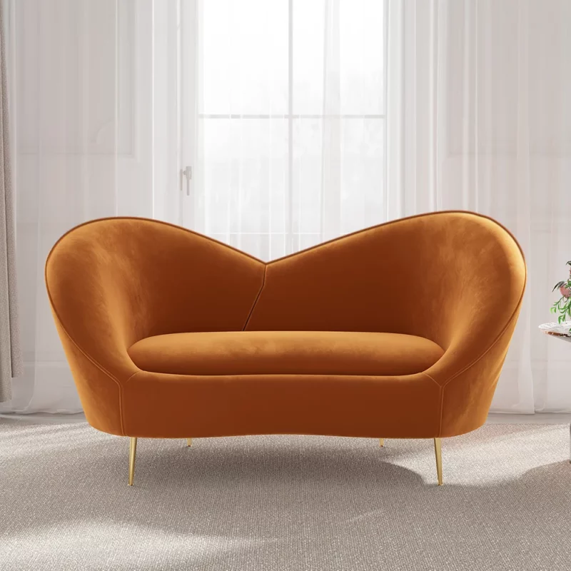 White and Orange Small 2-Seater Velvet Sofa with Curve Back