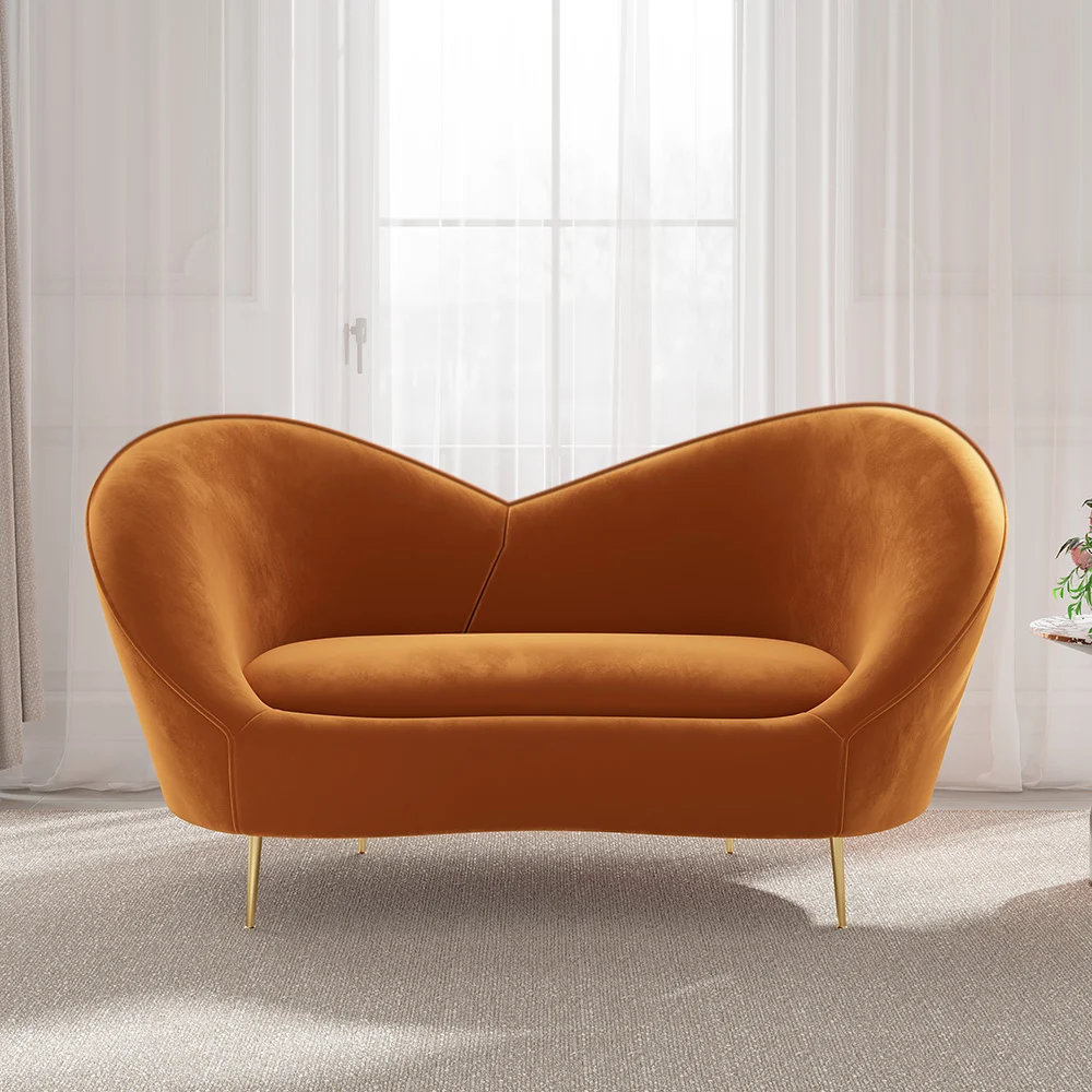 White and Orange Small 2-Seater Velvet Sofa with Curve Back - Image 7