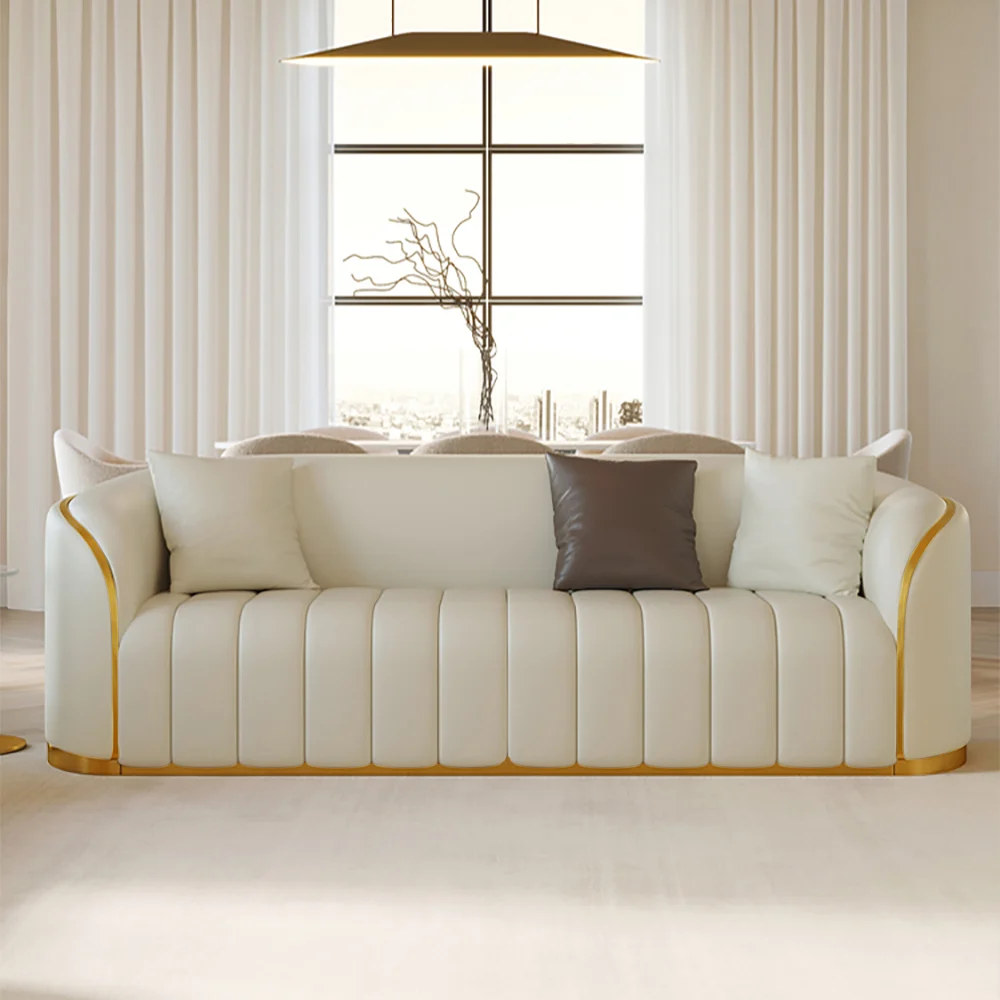 Modern Faux Leather Upholstered curved 3-Seater Sofa with Gold Legs - Image 7