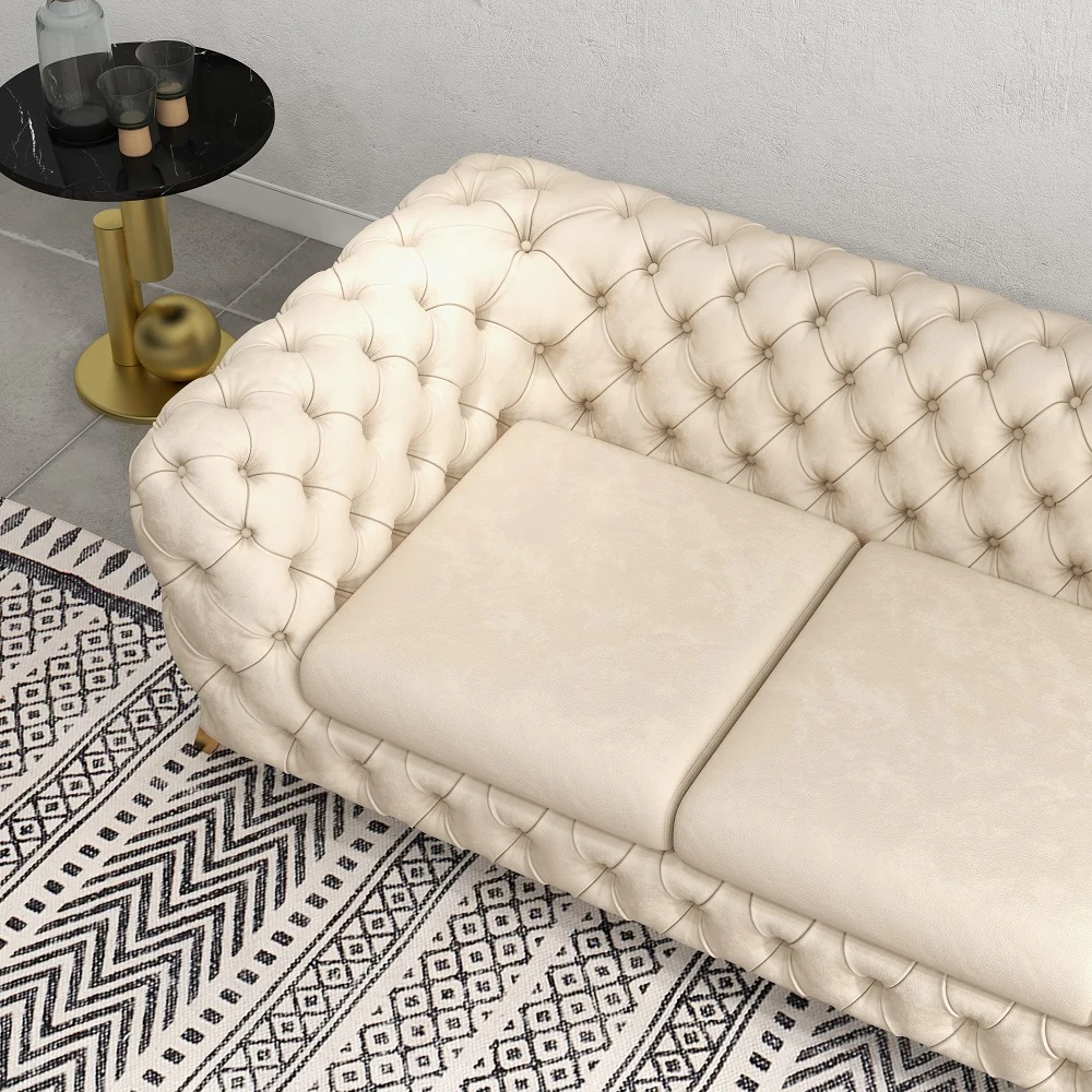 Modern Beige Tufted Velvet Chesterfield Sofa 3-Seater Button  91" - Image 7
