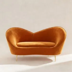 White and Orange Small 2-Seater Velvet Sofa with Curve Back