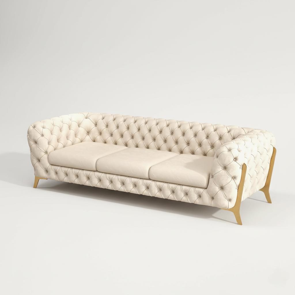 Modern Beige Tufted Velvet Chesterfield Sofa 3-Seater Button  91" - Image 1