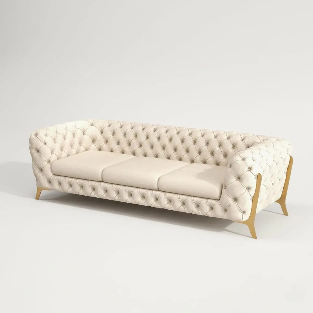 Modern Beige Tufted Velvet Chesterfield Sofa 3-Seater Button  91" - Image 1